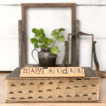 Load image into Gallery viewer, Hayrides Vintage Scrabble Sign