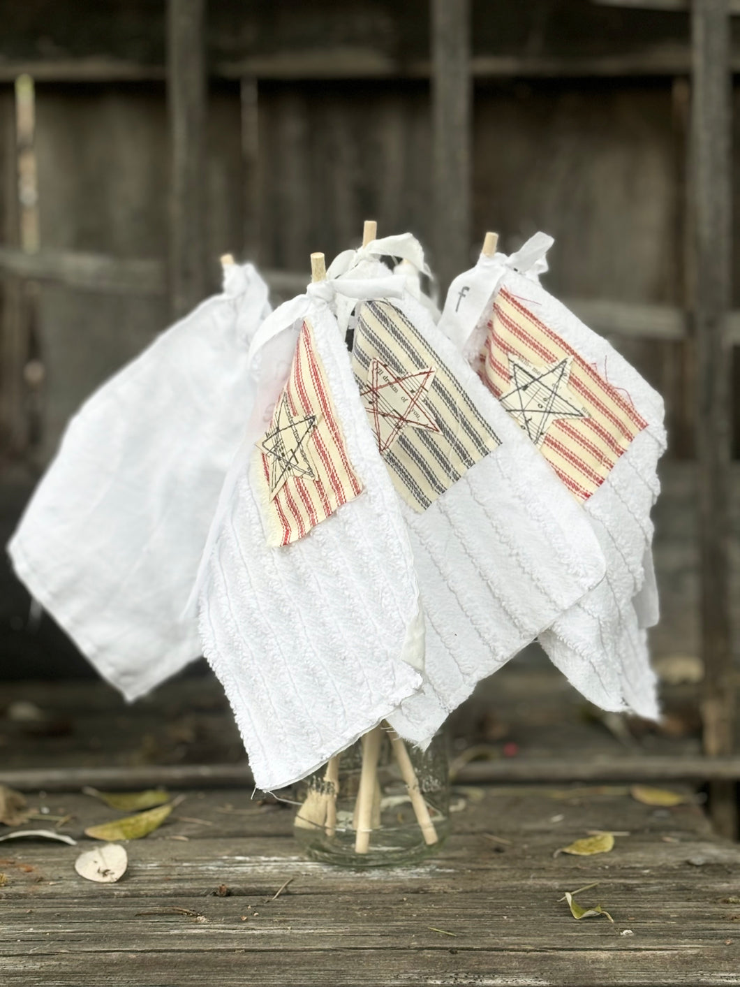 Vintage Chenille American Flag with Blue Ticking Stripe-FREEDOM, AMERICA, LIBERTY