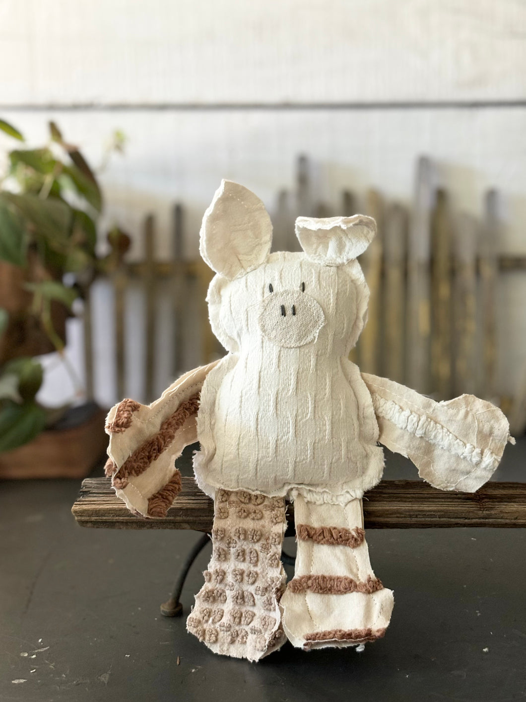 White and brown Stripe Vintage Chenille Piglet