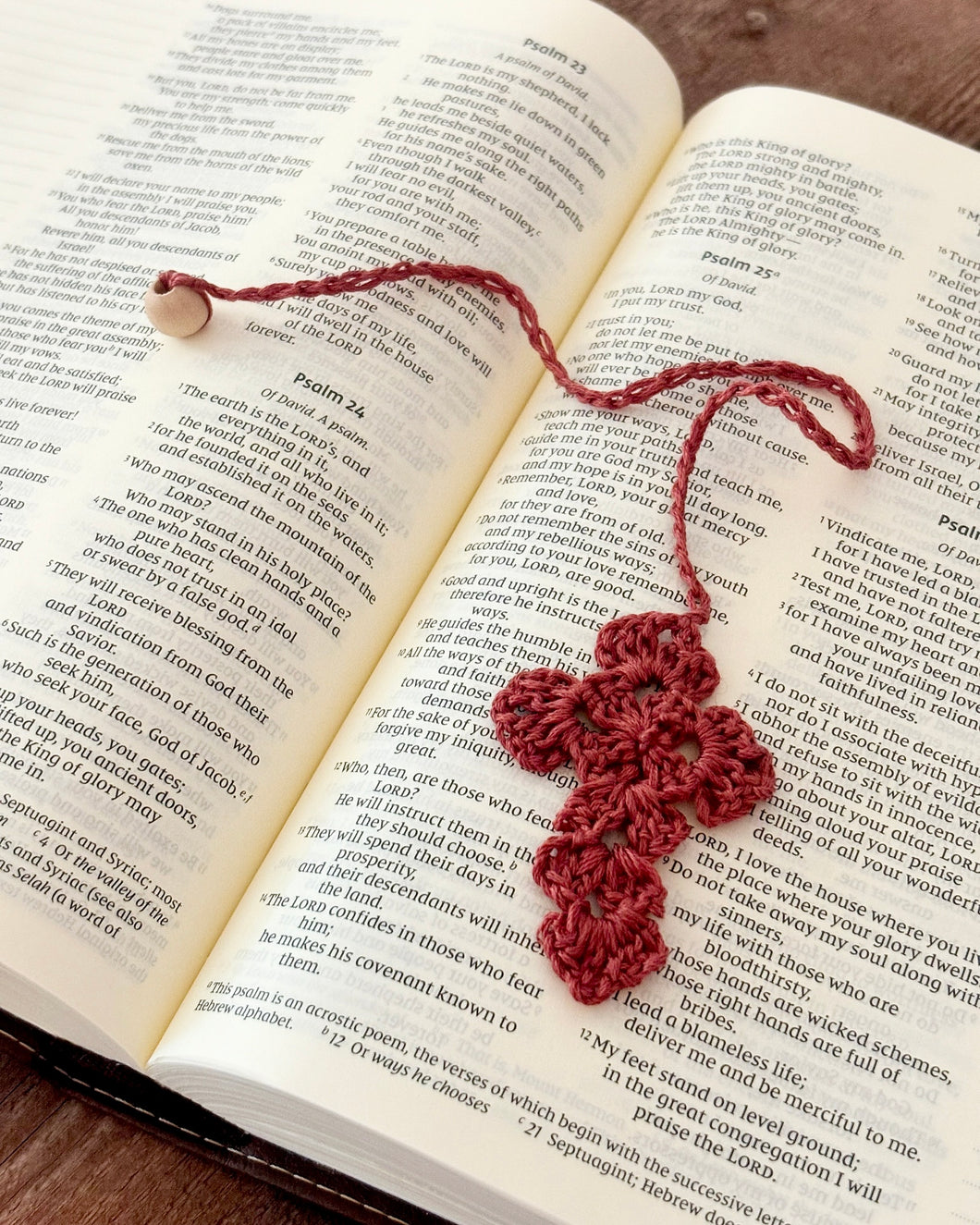 Crochet Cross Bookmark with wood bead