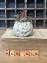 Load image into Gallery viewer, Concrete Spanish Moss and Cinnamon Stick Jack O lantern Pumpkin
