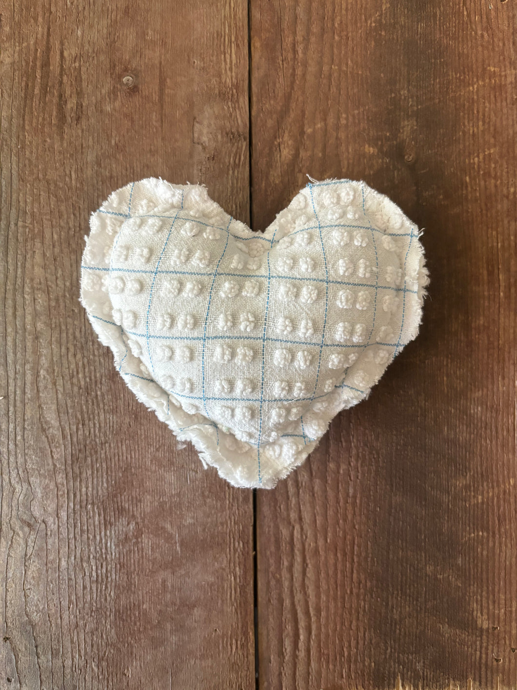 Vintage white polka dot and metallic blue stripe Chenille heart