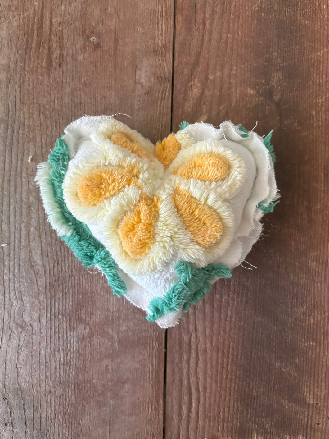 Vintage white and yellow floral Chenille heart