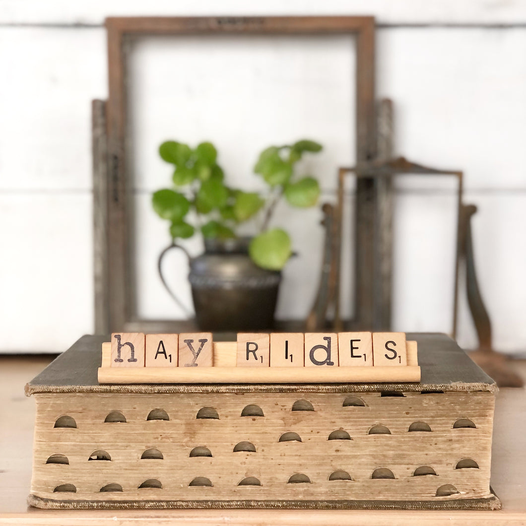 Hayrides Vintage Scrabble Sign