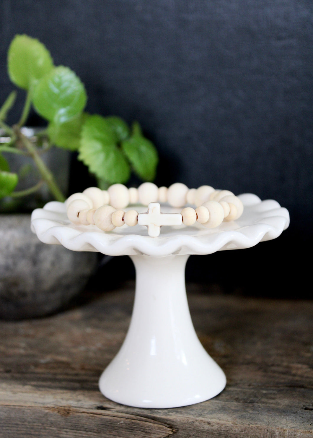 Natural Wood Bead Howlite Cross Prayer Bracelet