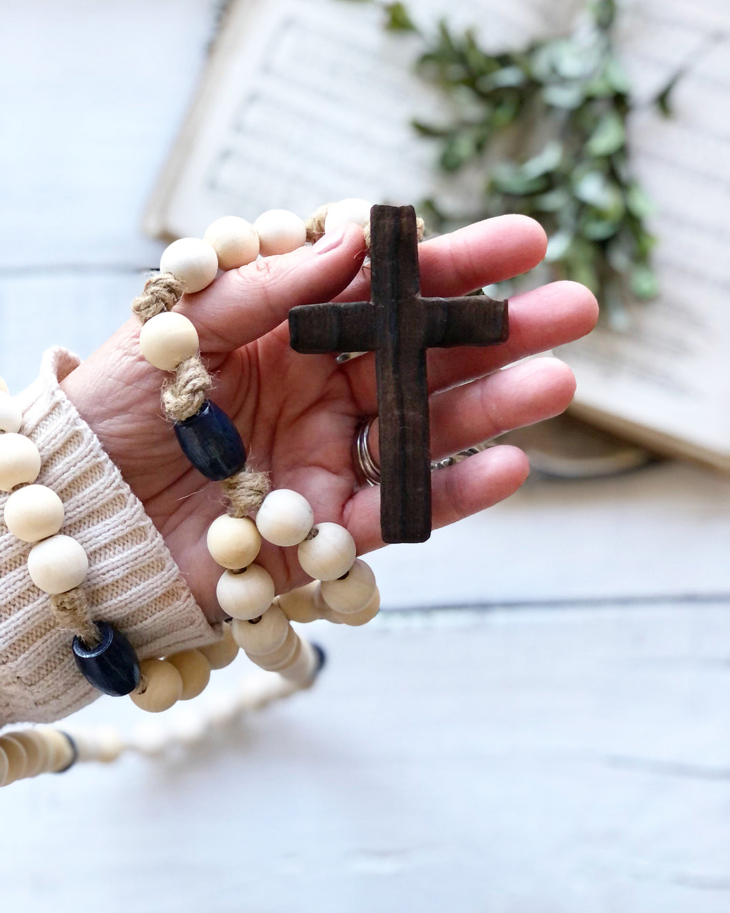 Medium Vintage Blue and Natural Wood Bead Rosary